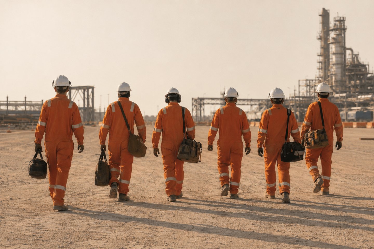 Six workers in orange coveralls and hard hats walking across an industrial site carrying tool bags